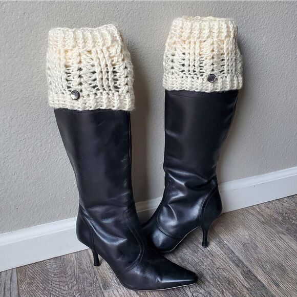 Hand Crafted Chunky Knit Crochet Cream Colored Boot Cuffs and Headwrap Set - Picture 1 of 10